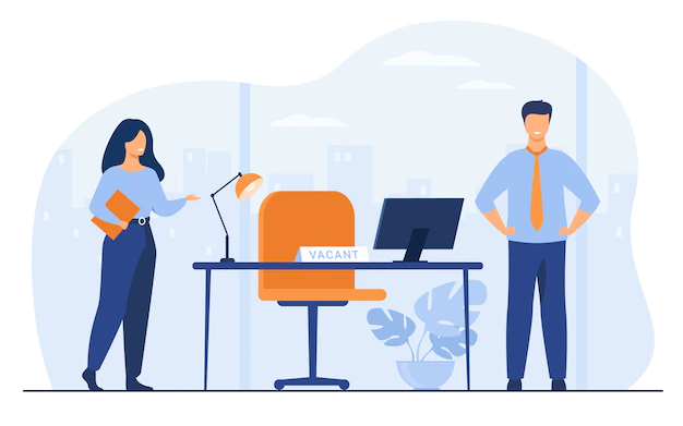 Free Vector | New employees requiring in office for work isolated flat vector illustration. cartoon hr manager hiring or recruiting personnel. recruitment, vacancy and business concept
