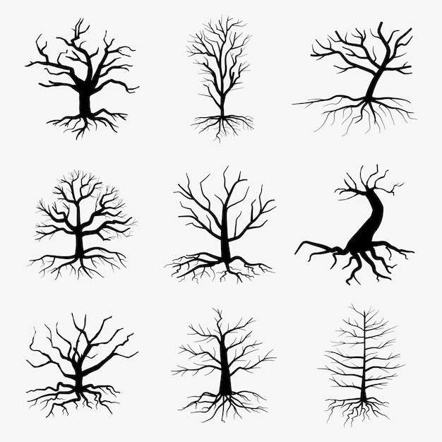 Free Vector | Old dark trees with roots.  dead forest trees. black silhouette dead tree illustration