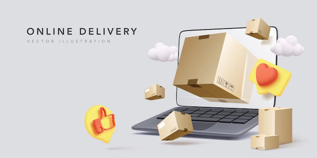 Free Vector | Online delivery banner with realistic laptop, parcels, clouds, and social icons in realistic style.