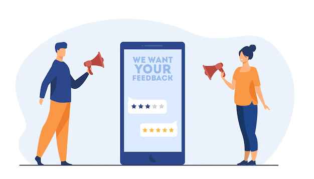 Free Vector | Online shop managers asking clients for feedback. screen, rate, people with megaphone. cartoon illustration