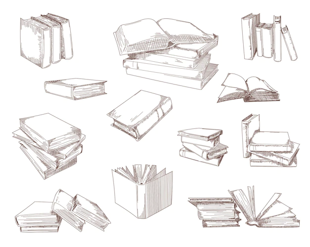 Free Vector | Open books, stacks, piles, notebooks sketch set