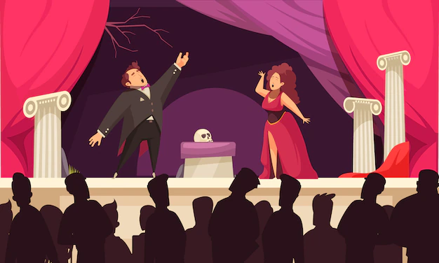 Free Vector | Opera theater scene flat cartoon  with 2 singers aria onstage performance and audience silhouettes