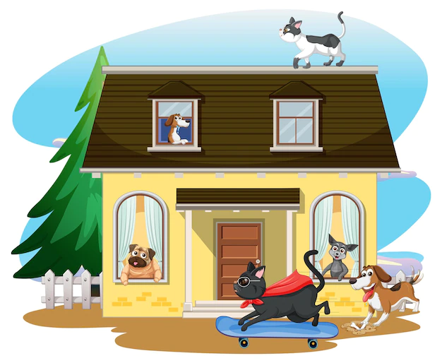 Free Vector | Outdoor house scene with domestic animals cartoon