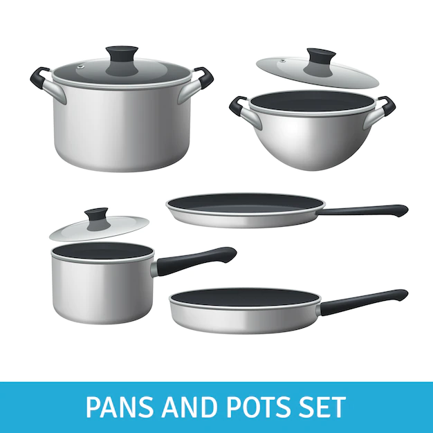 Free Vector | Pans and pots realistic set with frying pan saucepan and bowl