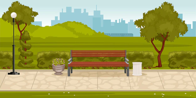 Free Vector | Park composition with outdoor landscape of city park with green hills lane with bench and cityscape illustration