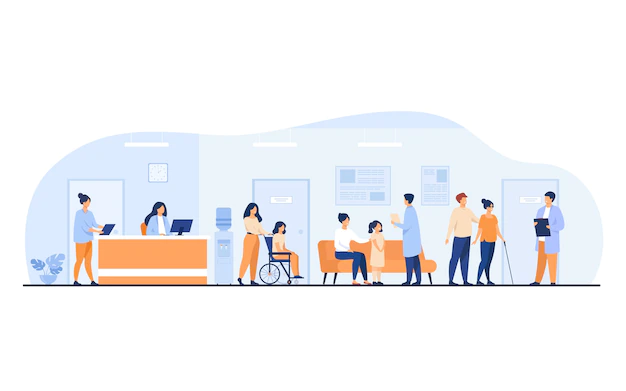 Free Vector | Patients and doctors meeting and waiting in clinic hall. hospital interior illustration with reception, person in wheelchair. for visiting doctor office, medical examination, consultation
