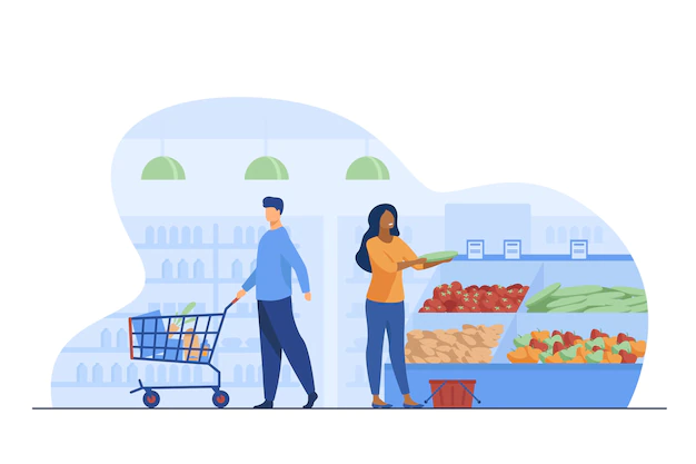 Free Vector | People choosing products in grocery store. trolley, vegetables, basket flat vector illustration. shopping and supermarket concept