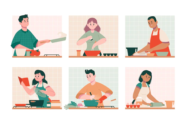 Free Vector | People learning how to cook from books and internet