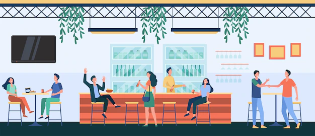 Free Vector | People meeting in cafe, drinking beer in pub, sitting at table or counter and talking. vector illustration for night life, party, bar concept