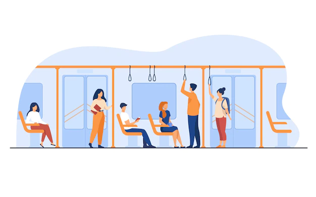 Free Vector | People standing and sitting in bus or metro train isolated flat vector illustration. men and women using subway.