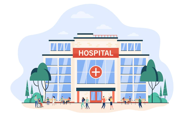 Free Vector | People walking and sitting at hospital building. city clinic glass exterior. flat vector illustration for medical help, emergency, architecture, healthcare concept