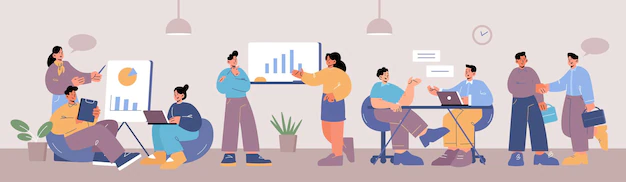 Free Vector | People work in open space office. vector flat illustration of coworking workplace interior for teamwork, meeting and freelance job. women and men with laptops, clipboards and presentation in office
