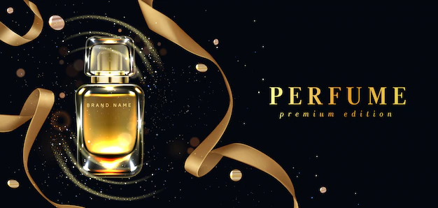 Free Vector | Perfume bottle and gold ribbon on black