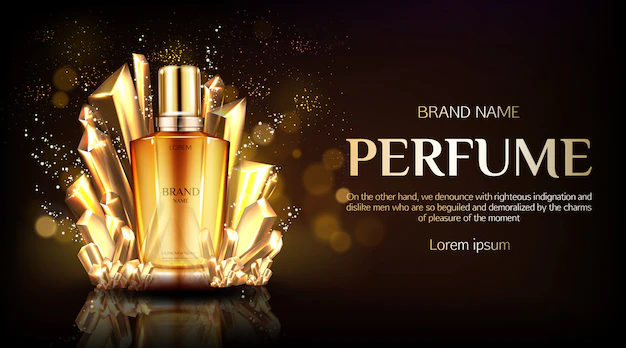 Free Vector | Perfume glass bottle on golden silk folded fabric
