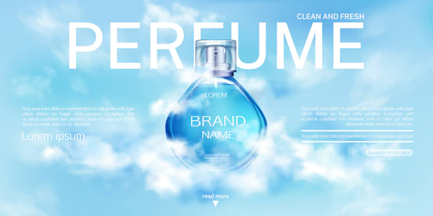 Free Vector | Perfume spray bottle in cloudy sky  banner.