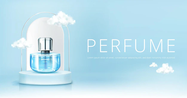 Free Vector | Perfume spray bottle on podium with clouds in sky mock up banner. glass flask mockup on blue heaven background. scent fragrance cosmetic product promotion advertising, realistic 3d vector illustration