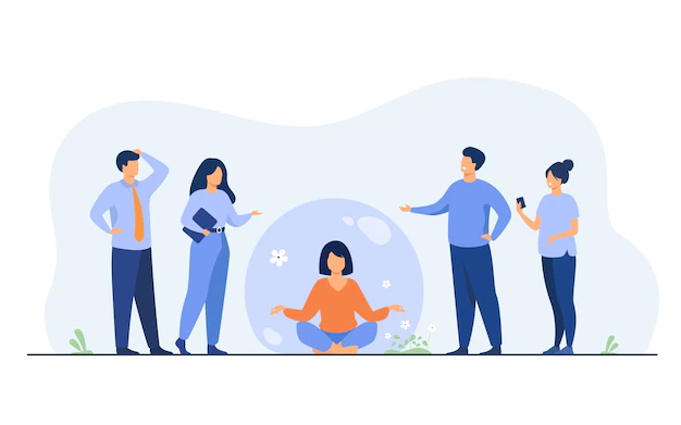 Free Vector | Person keeping social distance and avoiding contact. woman separating from crowd and meditating in transparent bubble.