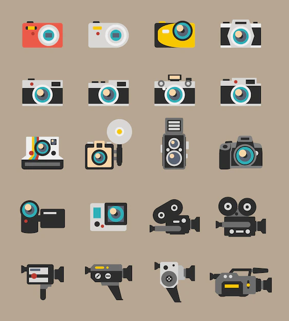 Free Vector | Photo and video camera flat icons. digital photography technology, lens equipment, polaroid vector illustration