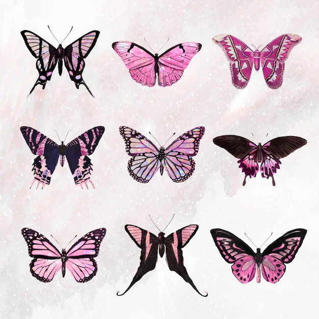 Free Vector | Pink holographic and glittery butterfly design element set vector