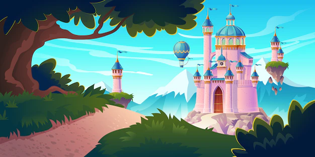 Free Vector | Pink magic castle, princess or fairy palace at mountains with rocky road lead to gates with flying turrets and air balloons in sky. fantasy fortress, medieval architecture. cartoon illustration