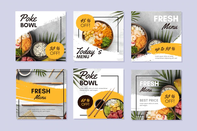 Free Vector | Poke bowl instagram posts collection