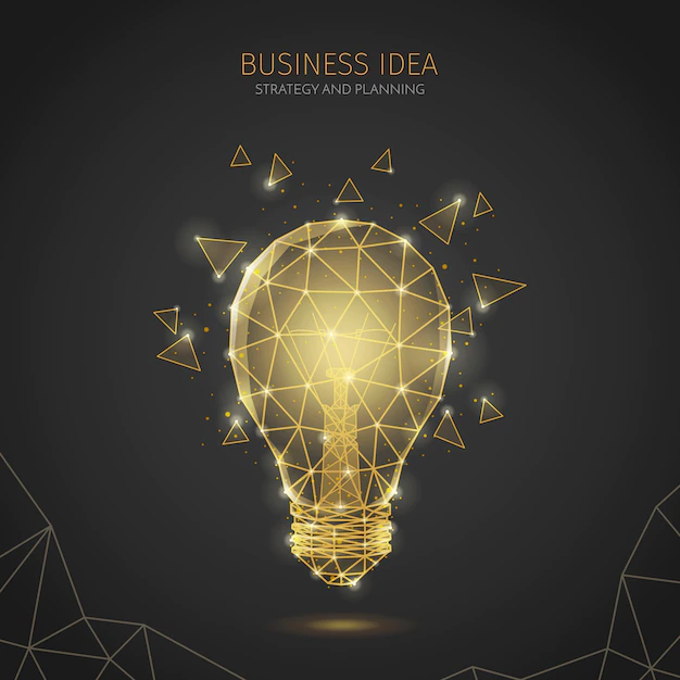 Free Vector | Polygonal wireframe business strategy background composition with editable text and image of incandescent lamp with polygons
