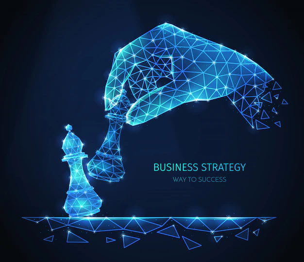 Free Vector | Polygonal wireframe business strategy composition with glittering images of human hand with chess pieces with text