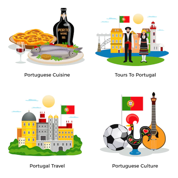 Free Vector | Portugal tourism concept icons set with cuisine and culture symbols flat isolated
