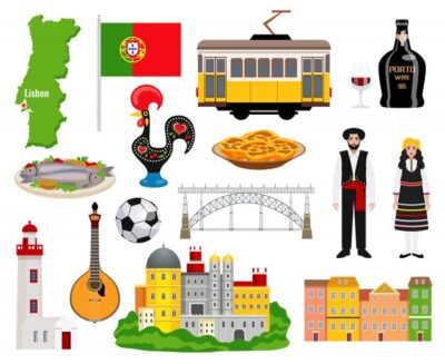 Free Vector | Portugal tourism icons set with cuisine and map symbols flat isolated vector illustration
