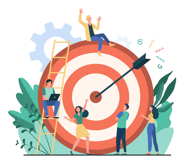 Free Vector | Positive tiny people sitting and walking near huge target with arrow isolated flat vector illustration. cartoon business team achieving goal or aim. marketing strategy and achievement concept