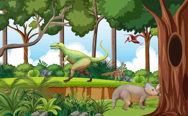 Free Vector | Prehistoric forest with dinosaur cartoon