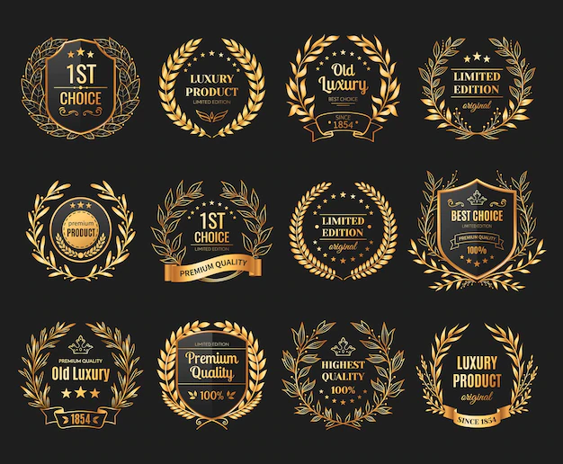 Free Vector | Prize emblems realistic set with laurel and wreath on black background isolated