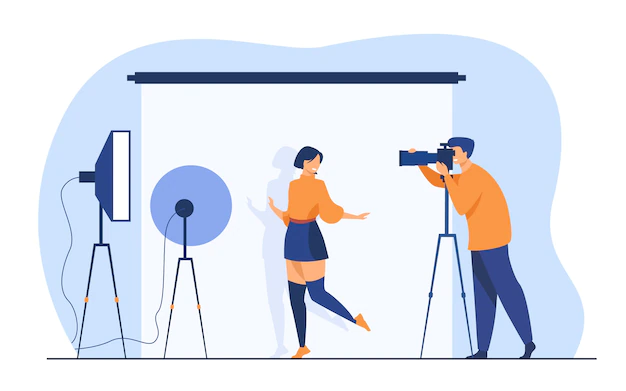 Free Vector | Professional photographer taking pictures of young woman. female model posing for camera against white backdrop among studio light. vector illustration for photo shooting, photography concept