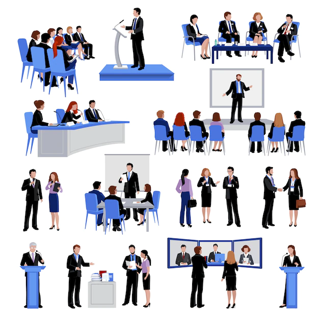 Free Vector | Public speaking people flat icons collection with conference meetings