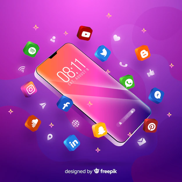 Free Vector | Purple themed mobile phone surrounded by colorful apps