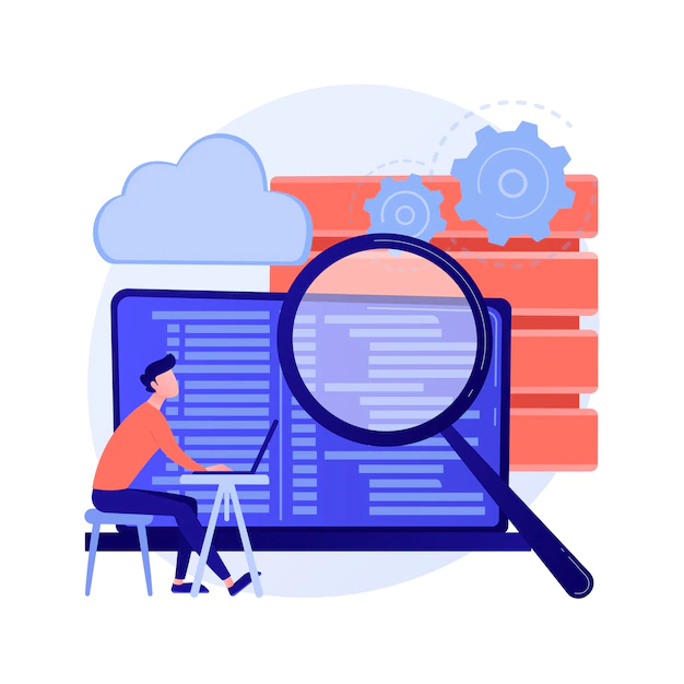 Free Vector | Qa tester. developmental kit. analyzing binary code. close inspection, coding, checking open script. website administration. reaffirming quality. vector isolated concept metaphor illustration.