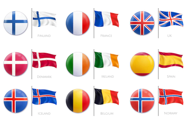 Free Vector | Realistic badge flag icon set with different colors of flags on plastic badges  illustration