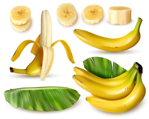 Free Vector | Realistic banana set with various isolated images of fresh banana fruit with skin leaves and slices