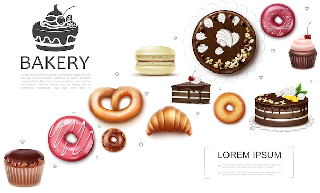 Free Vector | Realistic cakes and baking products collection with muffin donuts cupcake pretzel croissant pie macaroon  illustration