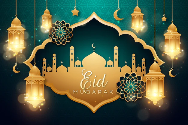 Free Vector | Realistic eid mubarak background with candles and mosque