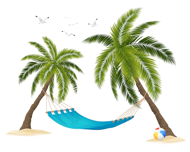 Free Vector | Realistic empty hammock between palm trees and flock of birds in sky on white