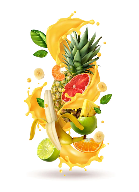 Free Vector | Realistic ftuiys juice splash burst composition with spray images and ripe tropical fruits on blank