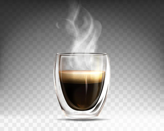 Free Vector | Realistic glass cup filled hot steaming coffee. mug with double wall full of aroma americano. espresso drink with smoke isolated on transparent background. template for advertising or product design.