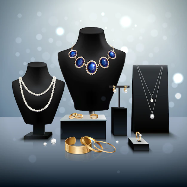 Free Vector | Realistic gold and silver jewelry display on black mannequins and stands on grey surface