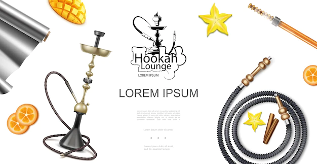 Free Vector | Realistic hookah lounge elements template with shisha or hookah pipes coals foil orange slices star anise