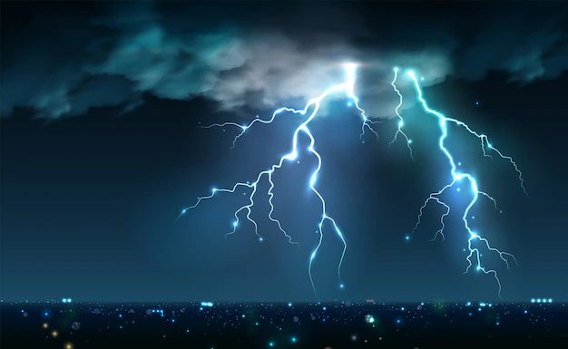 Free Vector | Realistic lightning bolts flashes composition with view of night city sky with clouds and thunderbolt images