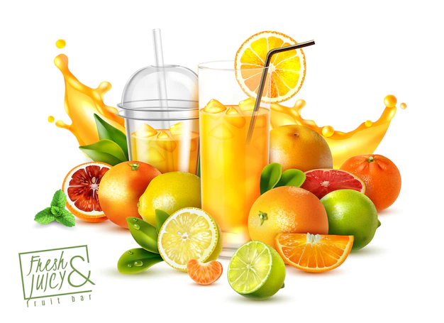 Free Vector | Realistic poster with citrus fruits and glasses of cold fresh juice on white