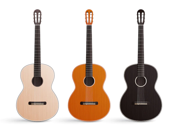 Free Vector | Realistic set of three classic wooden acoustic guitars with nylon strings isolated on white