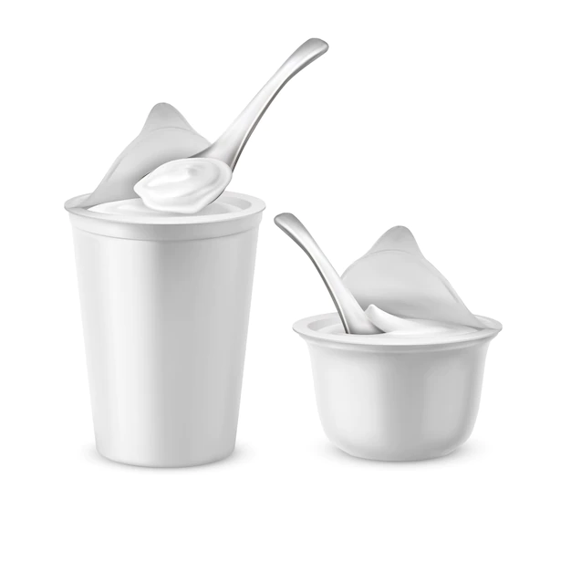 Free Vector | Realistic set of two blank pots with open foil lids, plastic containers or jars with spoons,