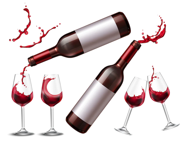 Free Vector | Realistic set with bottle of red wine and four drinking glasses filled with drink